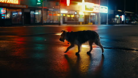 dog walking on a wet city street at night with neon light reflections