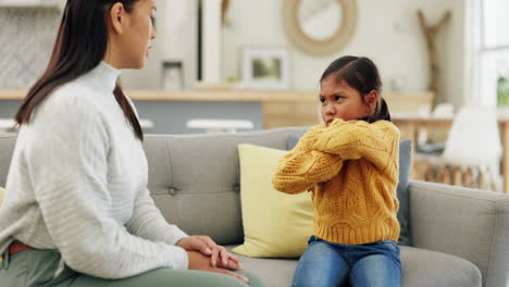 mother, child and upset at home for discipline