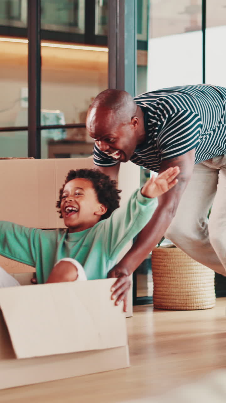 Father and Son Playing with Cardboard Box in New Home