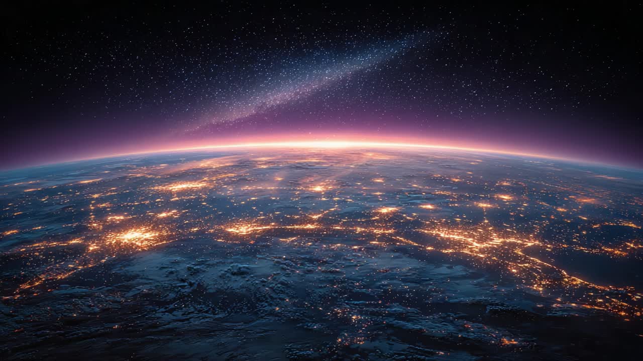 A Captivating View of Earth from Space, Showcasing the Beautiful City Lights and Cosmic Wonders Above in a Stunning, Serene Night Sky