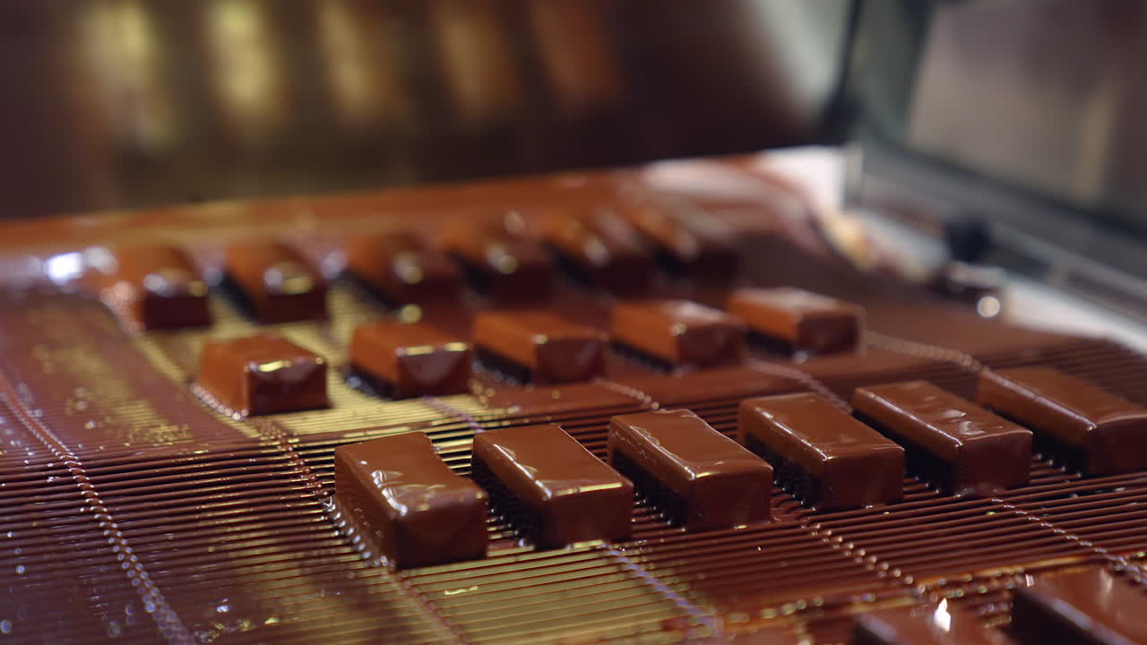 Sweet bars move along the conveyor. Tasty candies freshly-covered with chocolate at the confectionery factory.