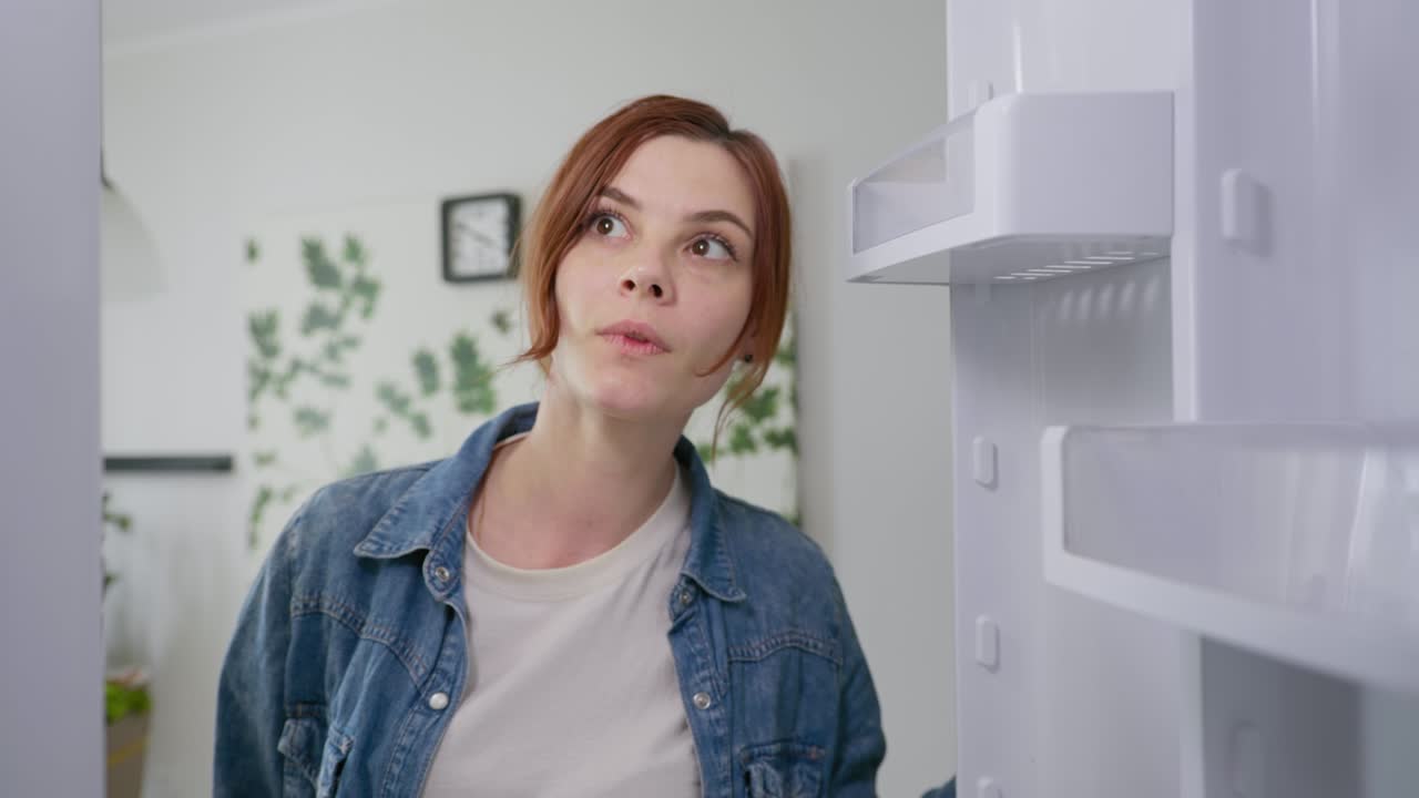 concepto de comida, joven y hermosa chica abre un refrigerador vacío en busca de comida se ve triste por la falta de nutrición y cierra la puerta