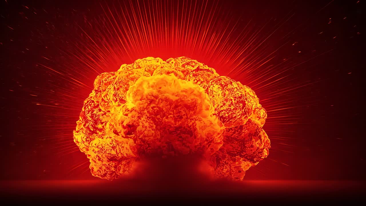 Appearing bright core in red void, expanding into glowing mushroom cloud, radiating plasma sparks