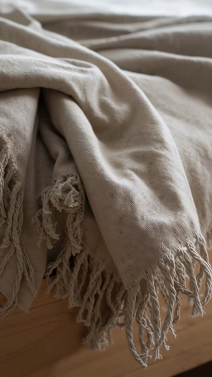 Video verticale: La telecamera si sposta mostrando un plaid beige con frange su legno a casa, studiando la trama.