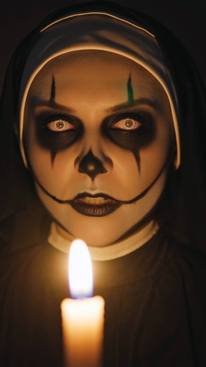 Horror Nun with Eerie Makeup and Candlelight