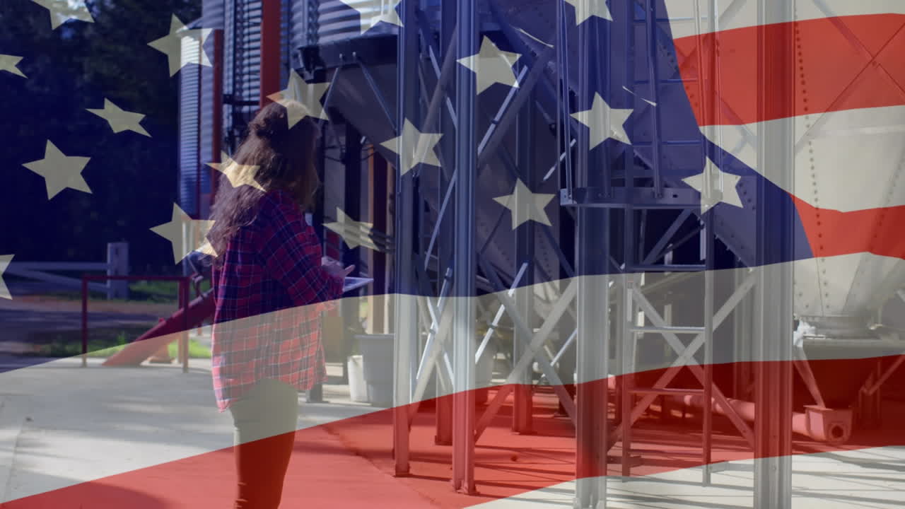 배경에 있는 여성 위에 흔들리는 미국  ⁇ 발의 애니메이션