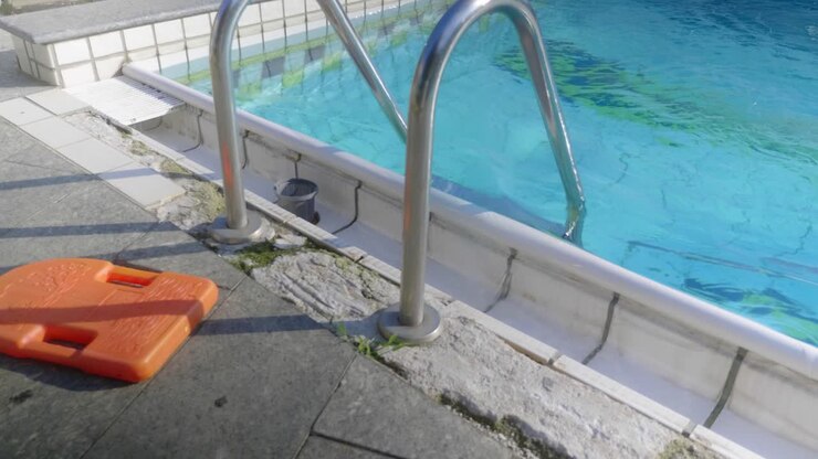 Water splashes over the side of an outdoor pool.