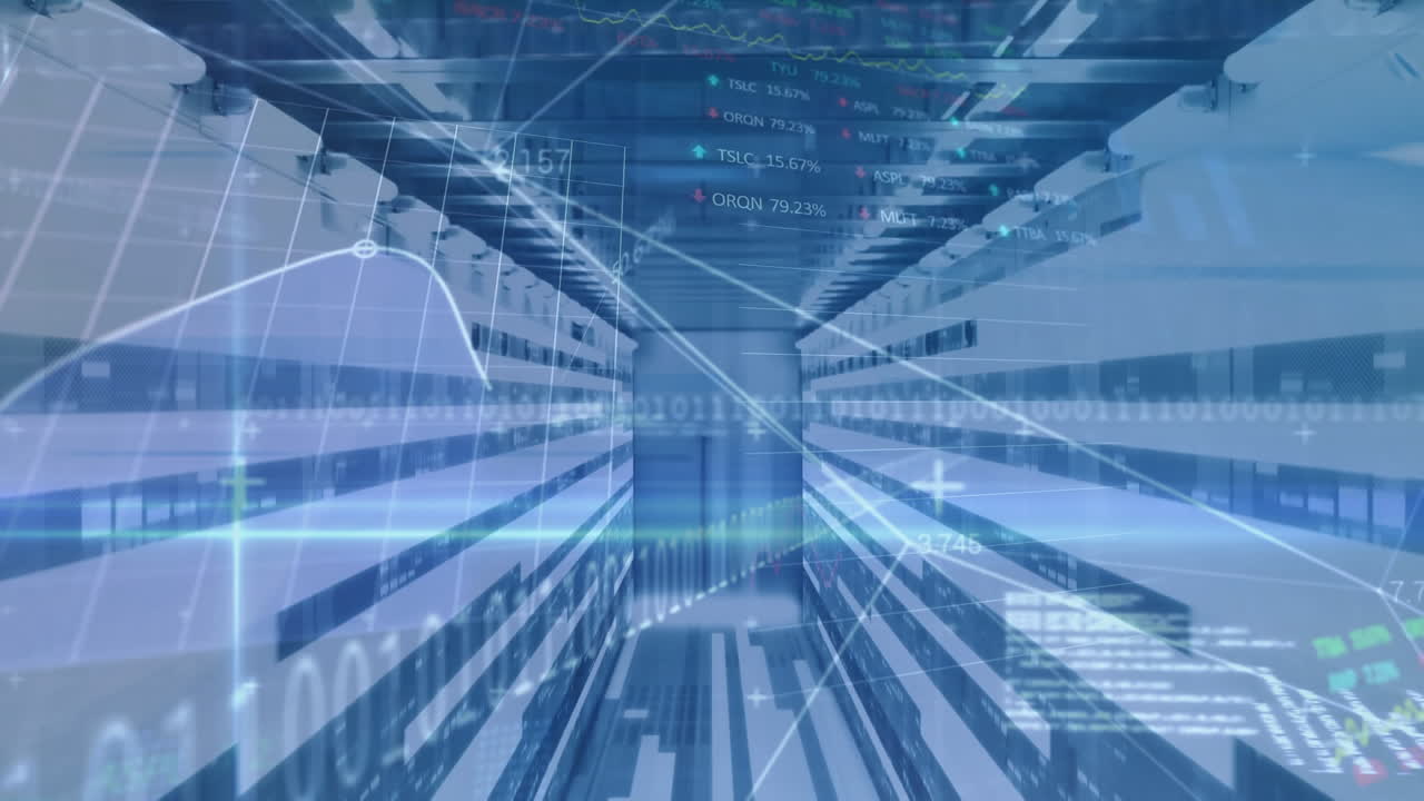 Animation of statistics and data processing over an empty office with flashing lights