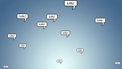 animación digital de texto lol en múltiples burbujas de habla flotando contra un fondo azul