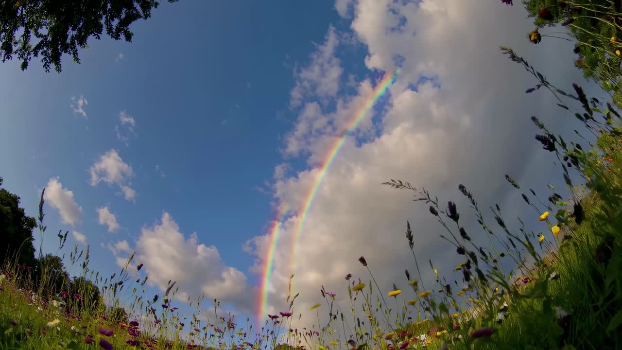 Videooptagelse i lav engel fanger en levende regnbue over en eng med vilde blomster med en klar, blå himmel i baggrunden.