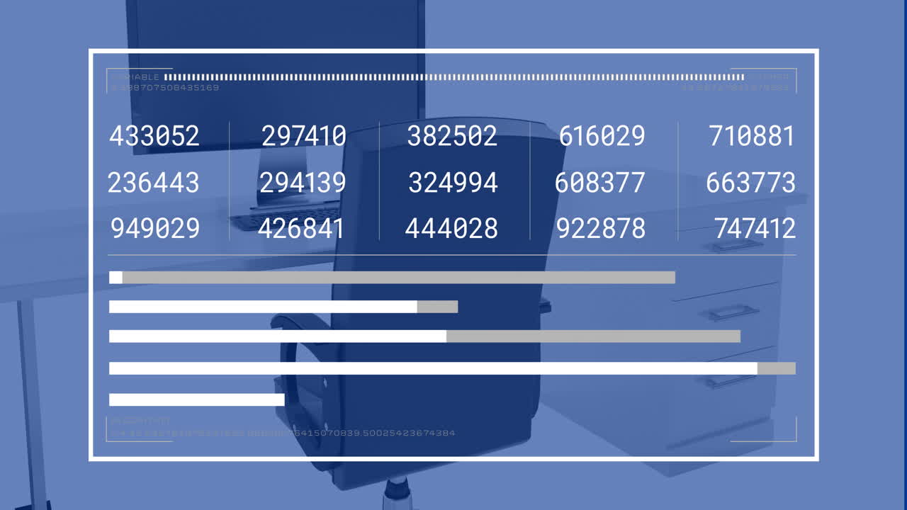 Animation of digital data processing over desk in office