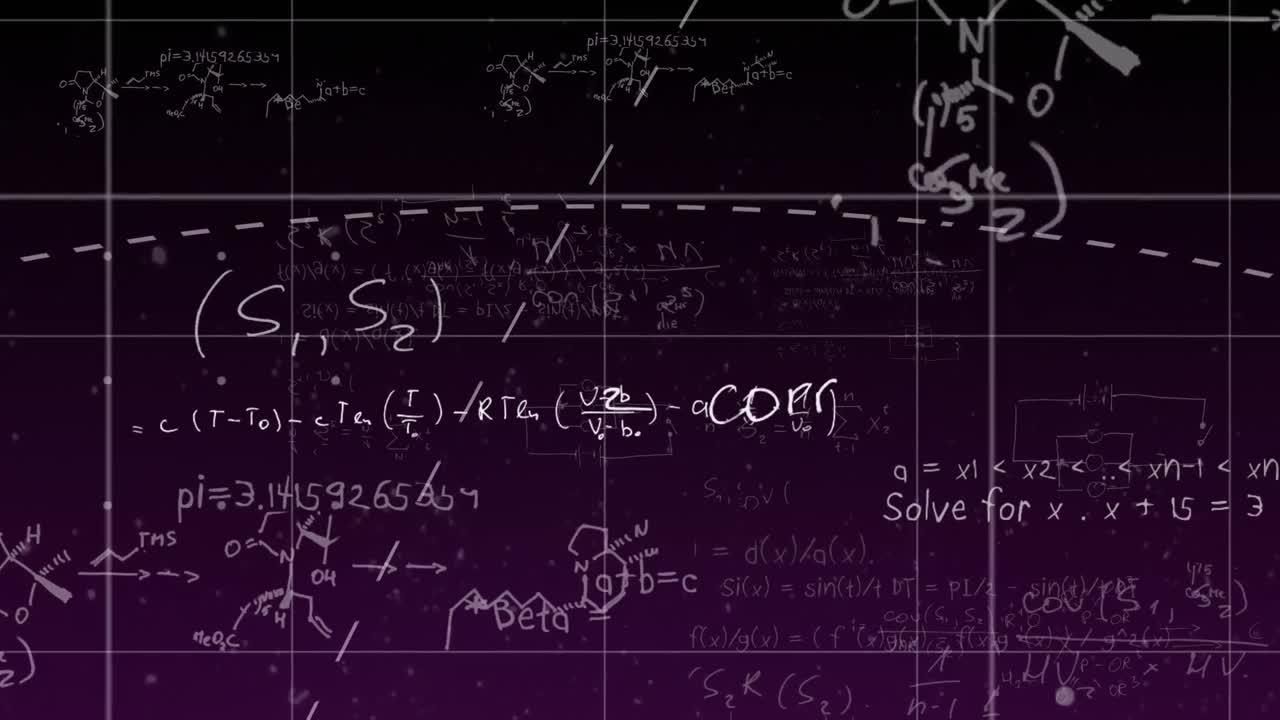 Animation of mathematical formulae moving over white grid on purple background