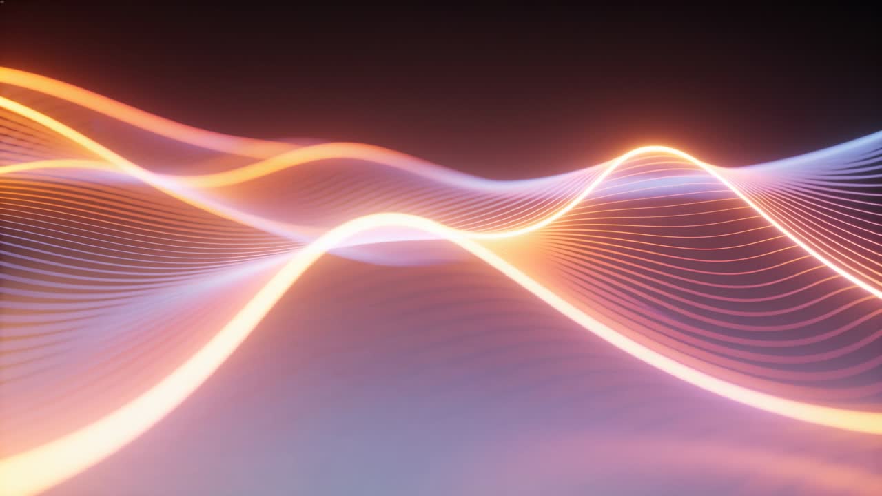 Shifting neon ribbons sliding right in CGI, animation starting with thin traces, showing gradients