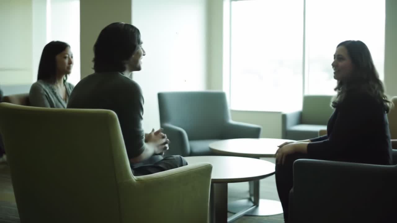Two Individuals Engaged in a Deep Conversation in a Relaxed Lounge Setting, Highlighting Human Interaction and Emotional Connections