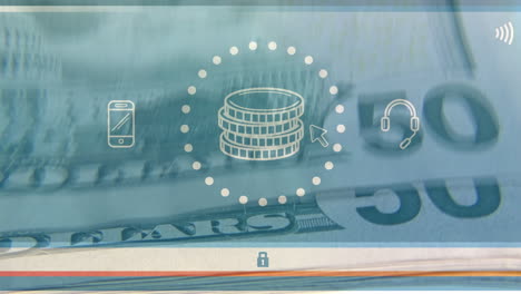 animación de billetes de dólares estadounidenses e iconos de pago en línea