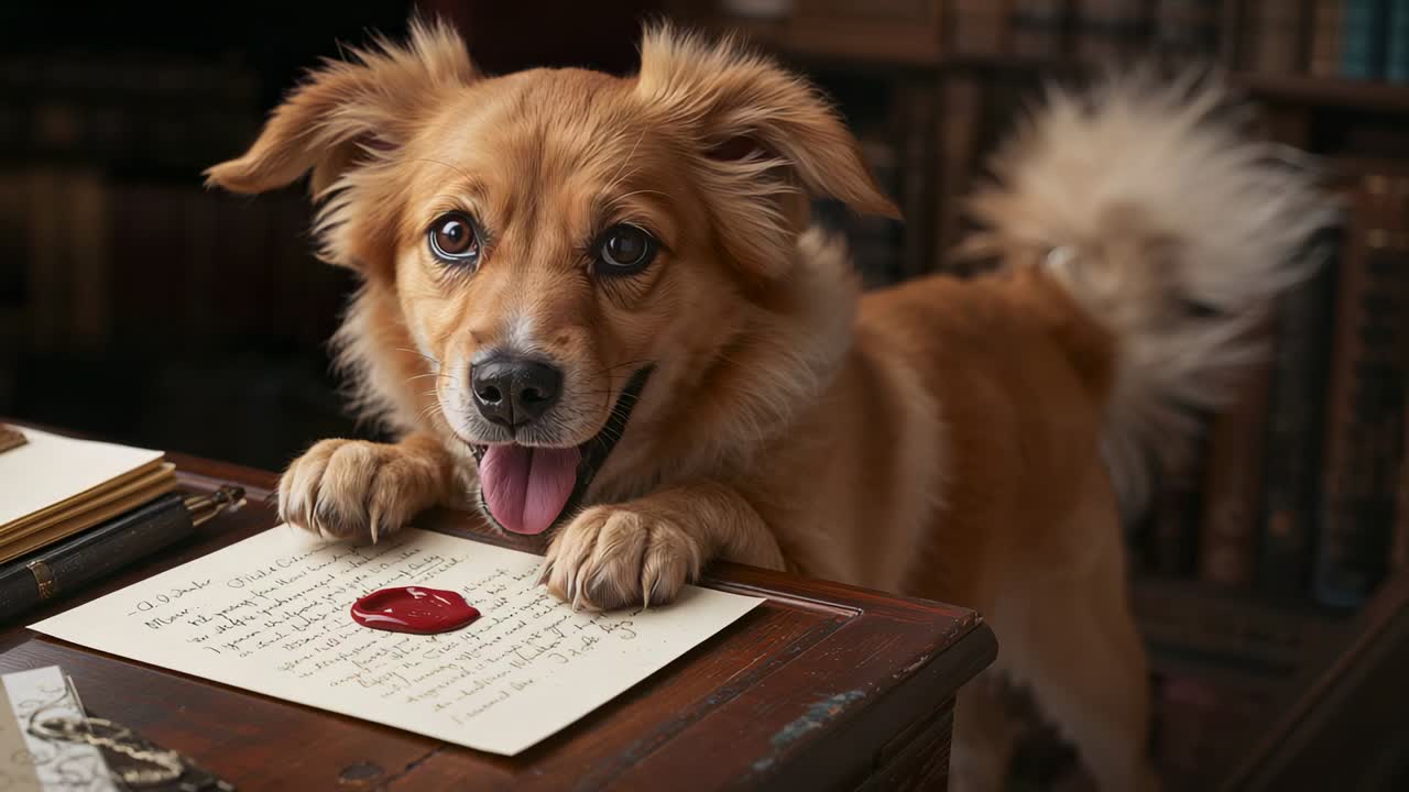 Kütüphanede masaya yaslanmış, kırmızı mühürlü mektubun yakınında ekranda görünmeyen bir sese doğru gülümseyen altın rengi köpek