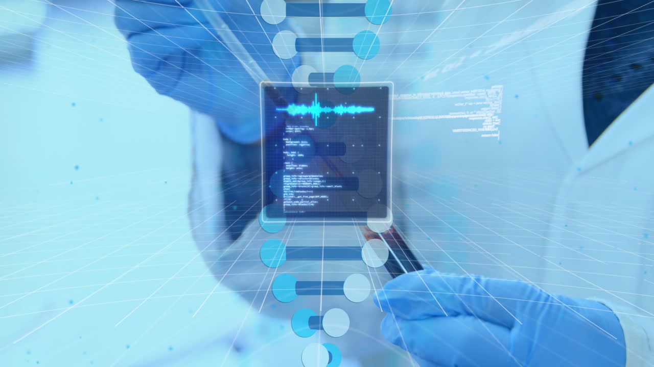 데이터 프로세싱의 애니메이션과 실험 튜브를 가진 과학자 위의 dna 스트랜드