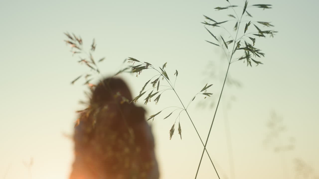 Side view of woman standing in grassy field holding camera, soft wind lifting her hair as golden sunlight glows behind her, creating peaceful silhouette against pale sky
