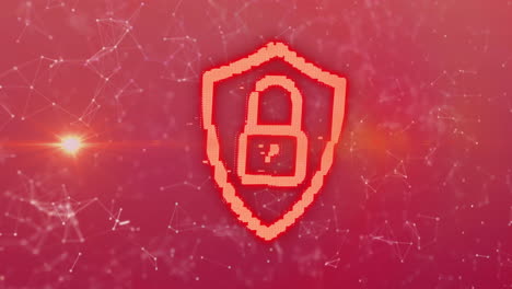animación de bloqueo de seguridad digital sobre fondo rojo con líneas de red de conexión