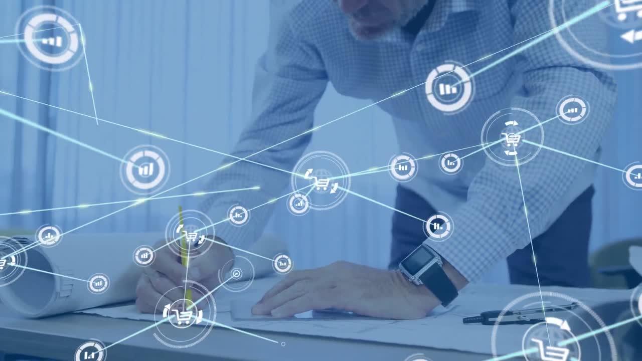 animación de la red de conexiones con iconos sobre arquitecto caucásico masculino