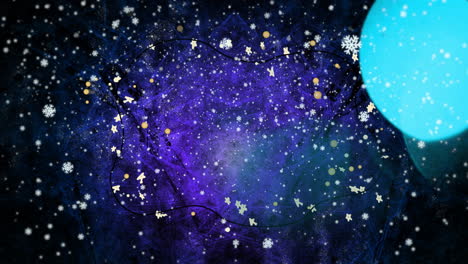 animation of snow falling and spot lights on dark blue background