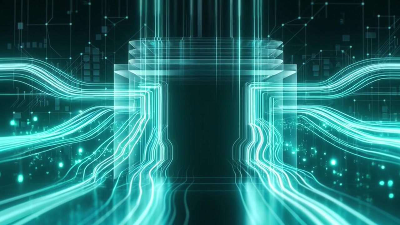 Digital Data Flow Through Futuristic Circuit Board Architecture