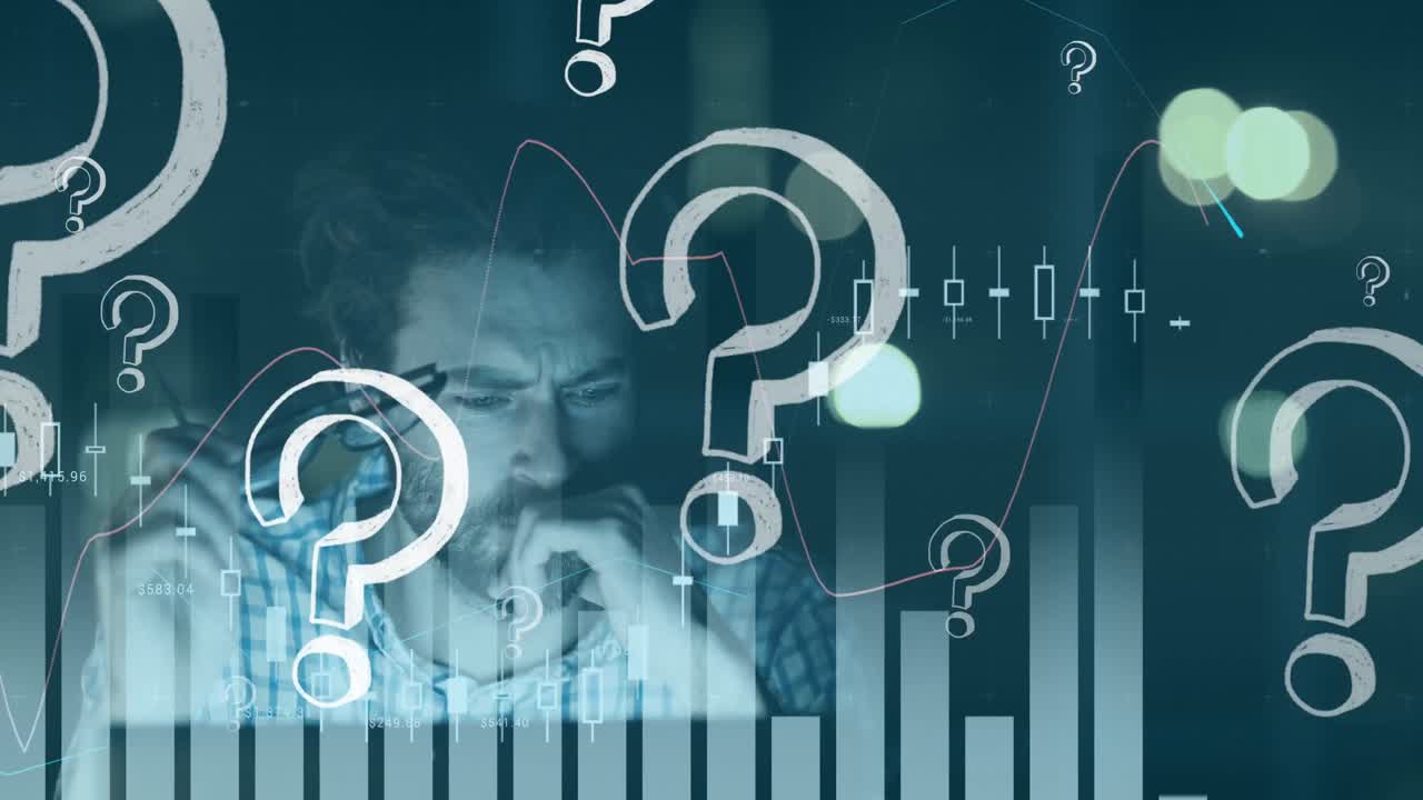 컴퓨터와 통계 기록을 사용하여 사람 위를 날아다니는 초록색 질문표의 애니메이션