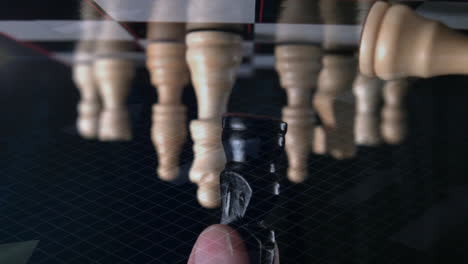 3d render showing black chess king piece being held by finger over grid with inverted pawns