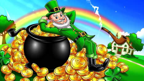 leprechaun relaxing on a pot of gold with rainbow