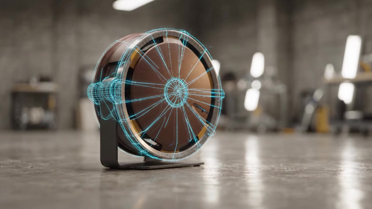 A sleek and modern robotic device with a polished metallic body and vibrant blue accents displayed in a sophisticated industrial environment designed for innovation.