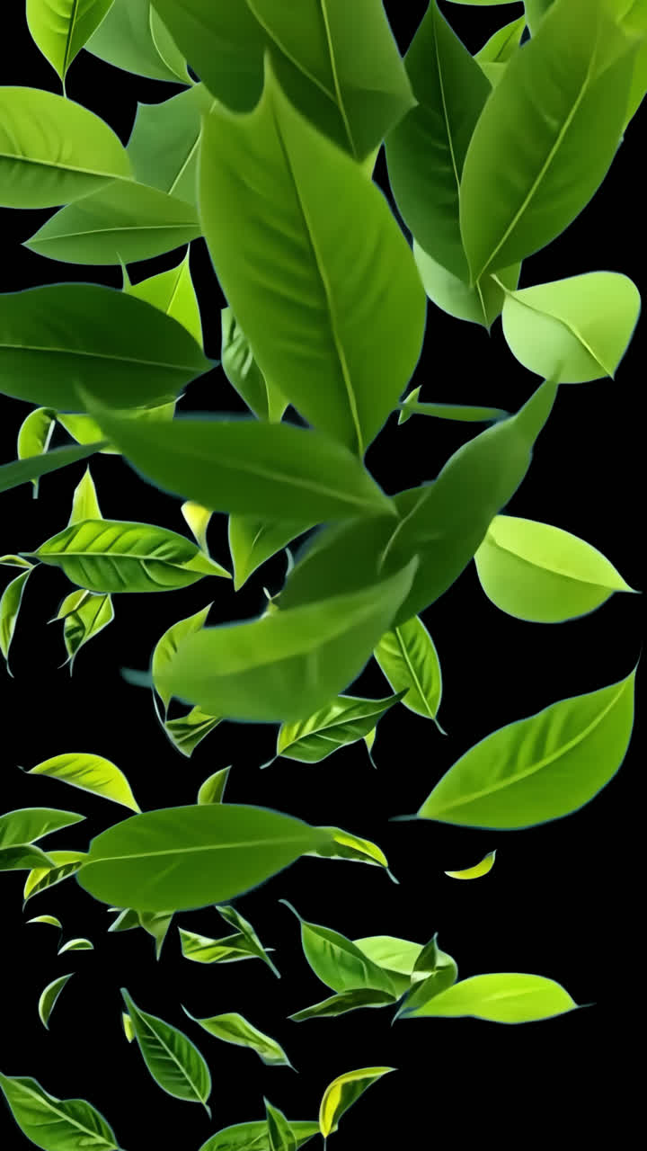 Floating green leaves animated overlay, transparent 4K video, alpha channel, ProRes 4444