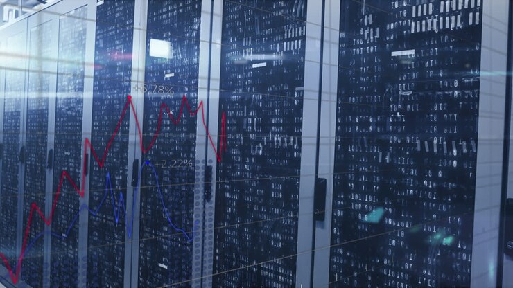 Animation of financial data processing over against mosaic squares over computer server room