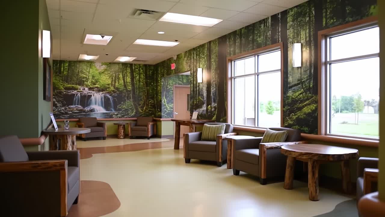 Serene Waiting Area with Nature-Inspired Decor Featuring Forest Mural and Comfortable Seating for Relaxation