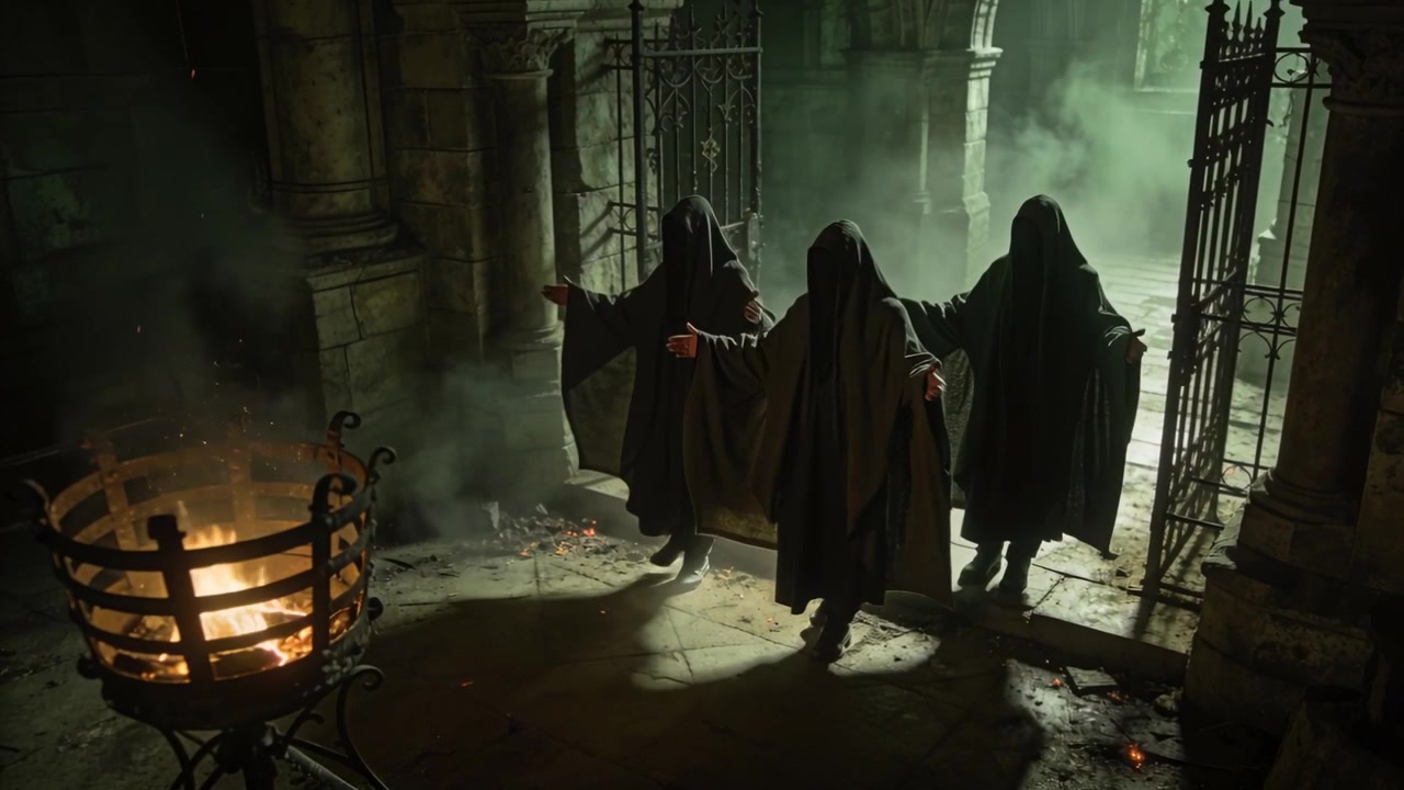 Open gate sending three robed figures entering arch, extending arms, clasping in ritual by brazier