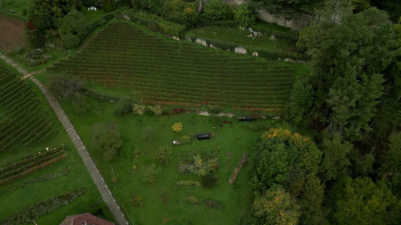 Reveal drone shot of Vaumarcus Castle in Canton of Neuchatel Switzerland