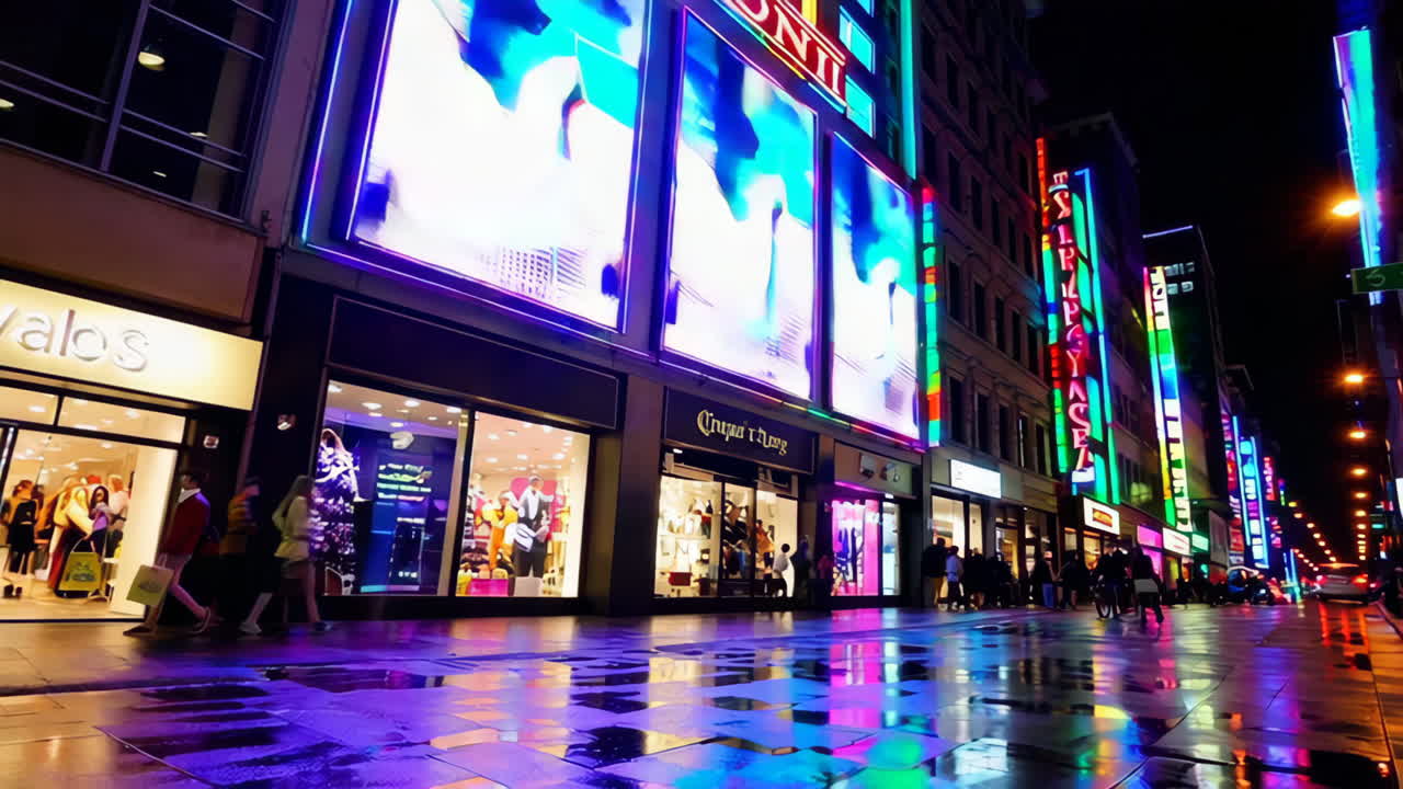 City Street at Night with Vibrant Neon Signs and Shops