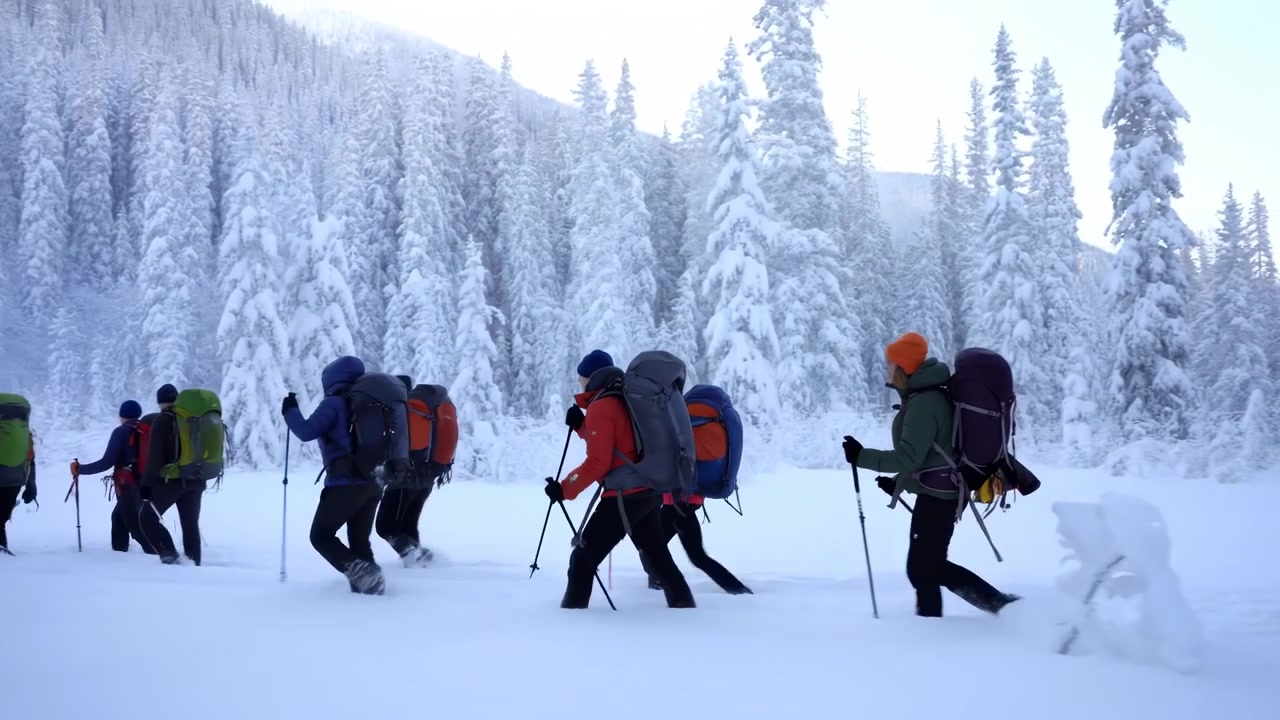 Fila di escursionisti invernali con abbigliamento a strati e grandi zaini che attraversano neve fresca e profonda mentre usano bastoncini da trekking accanto a una foresta di conifere innevata, con passi visibili, bastoncini piantati, ginocchia piegate e