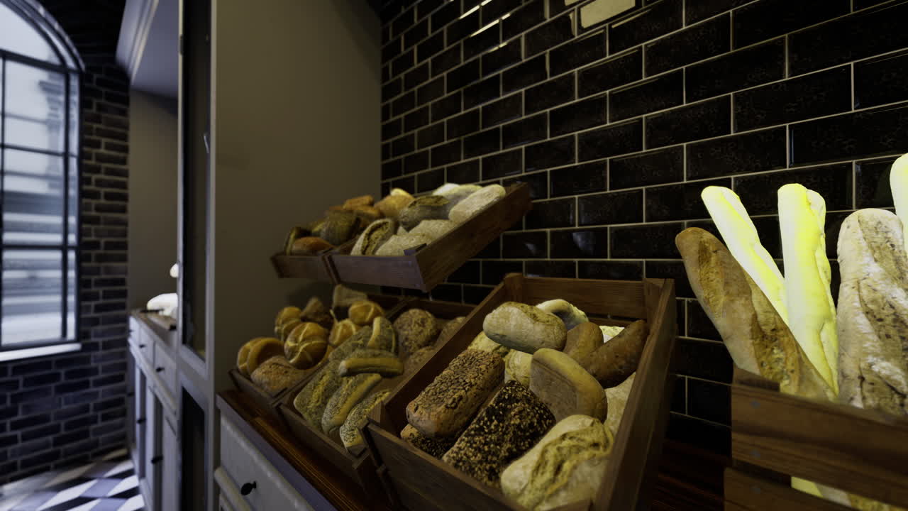 Freshly baked bread assortment displayed in modern bakery setting