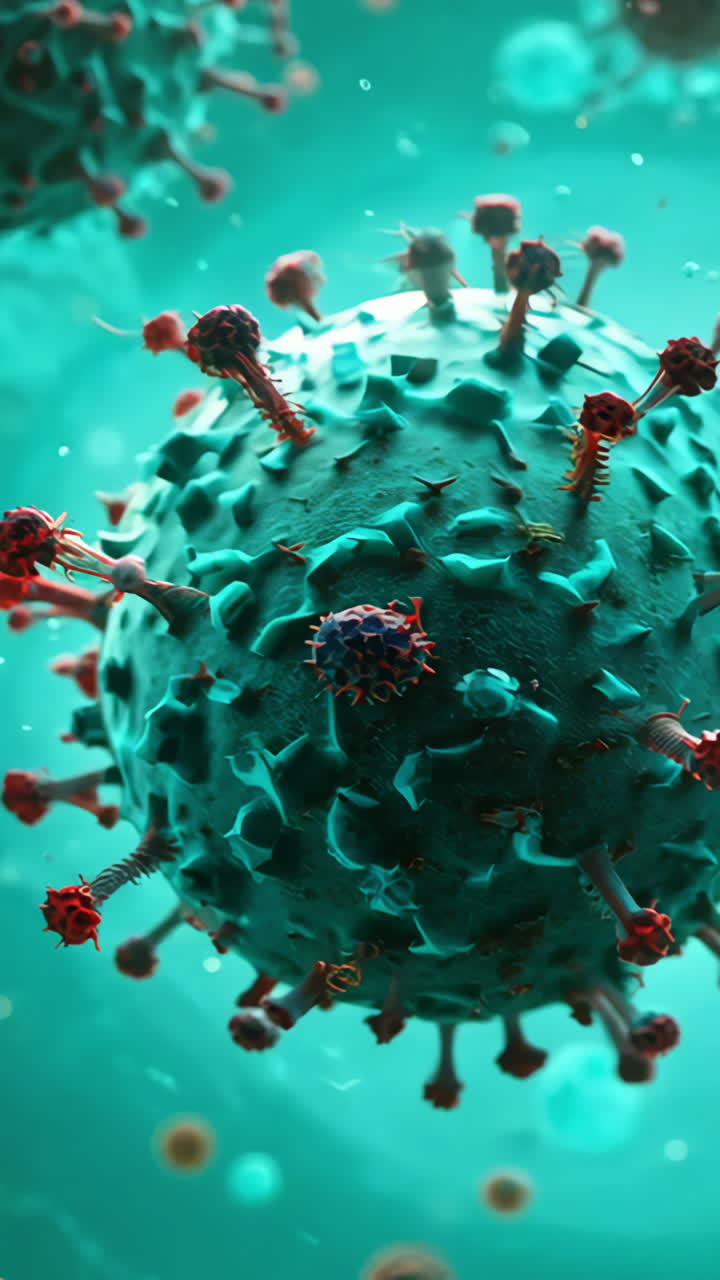 A close up of a red virus with a blue background. The virus is surrounded by a lot of red and blue particles