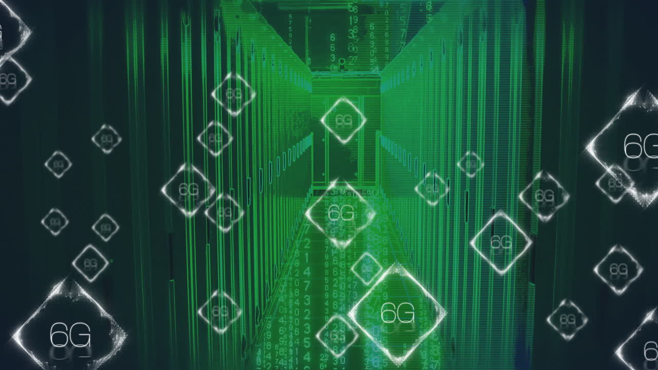 Floating 6G technology symbols in green digital corridor with animation elements