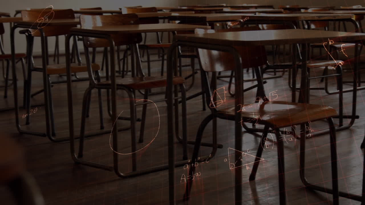 Animation of mathematical equations over chairs and desks in an empty school classroom