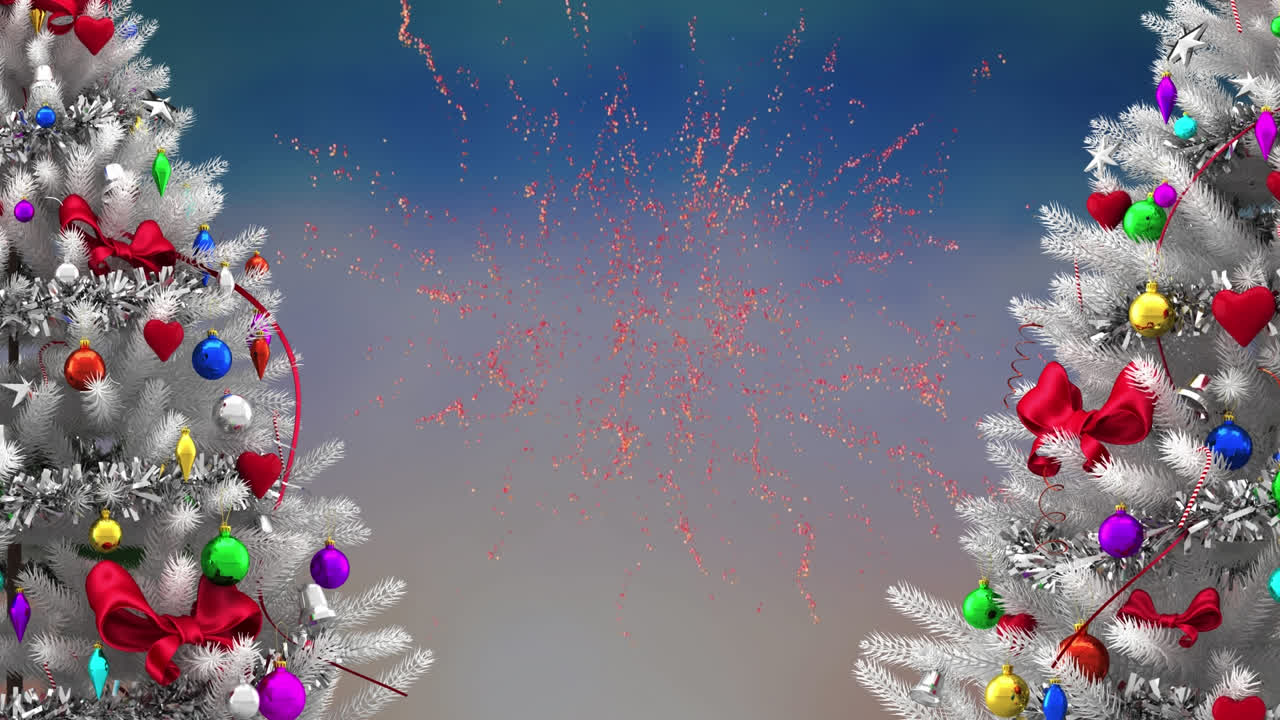animación de árboles de navidad sobre fuegos artificiales sobre fondo azul