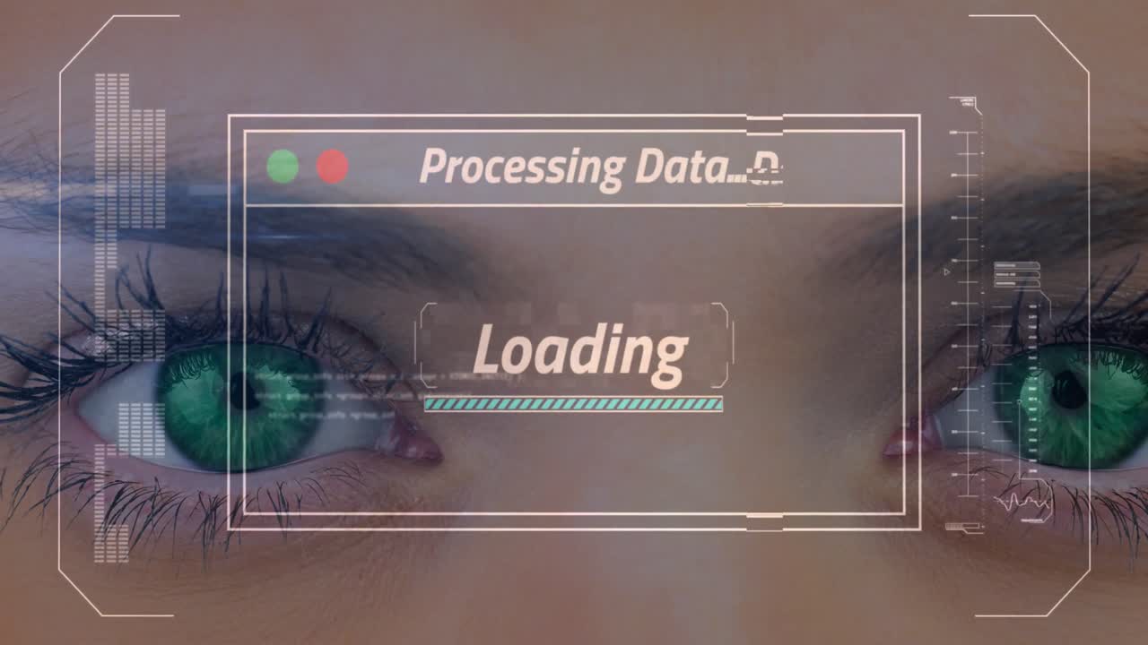 Animation of data processing on screen over woman's green eyes