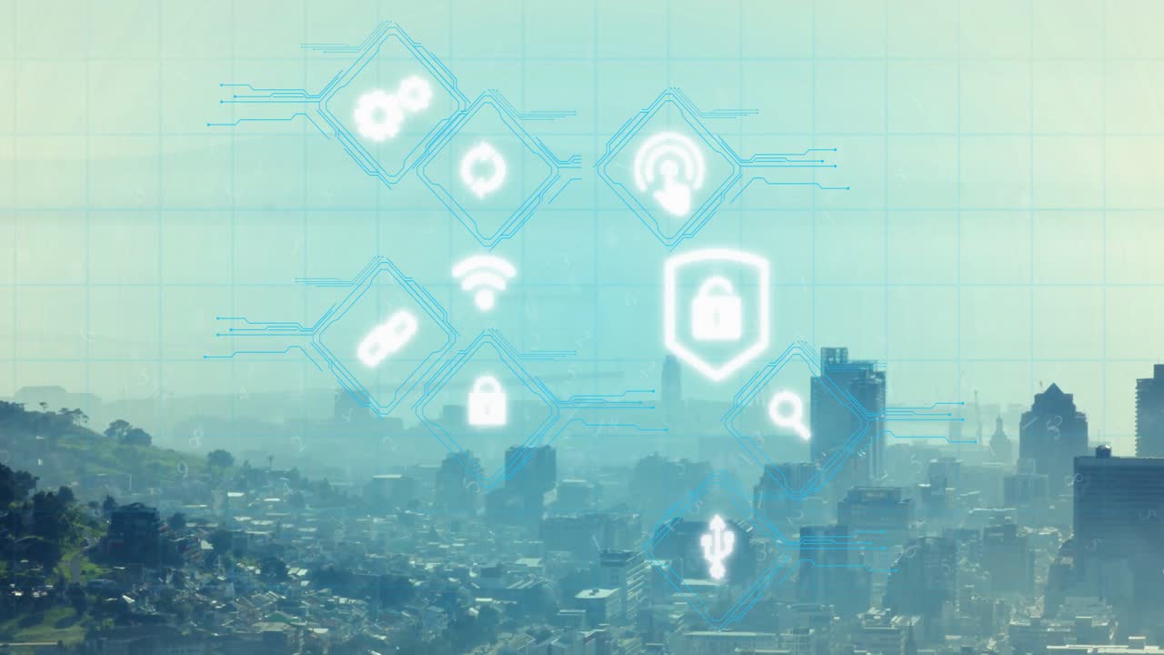 Animazione di icone di sicurezza su un paesaggio urbano