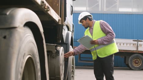 side view of worker wearing vest and safety helmet organizing a truck fleet in a logistics park while reading a document