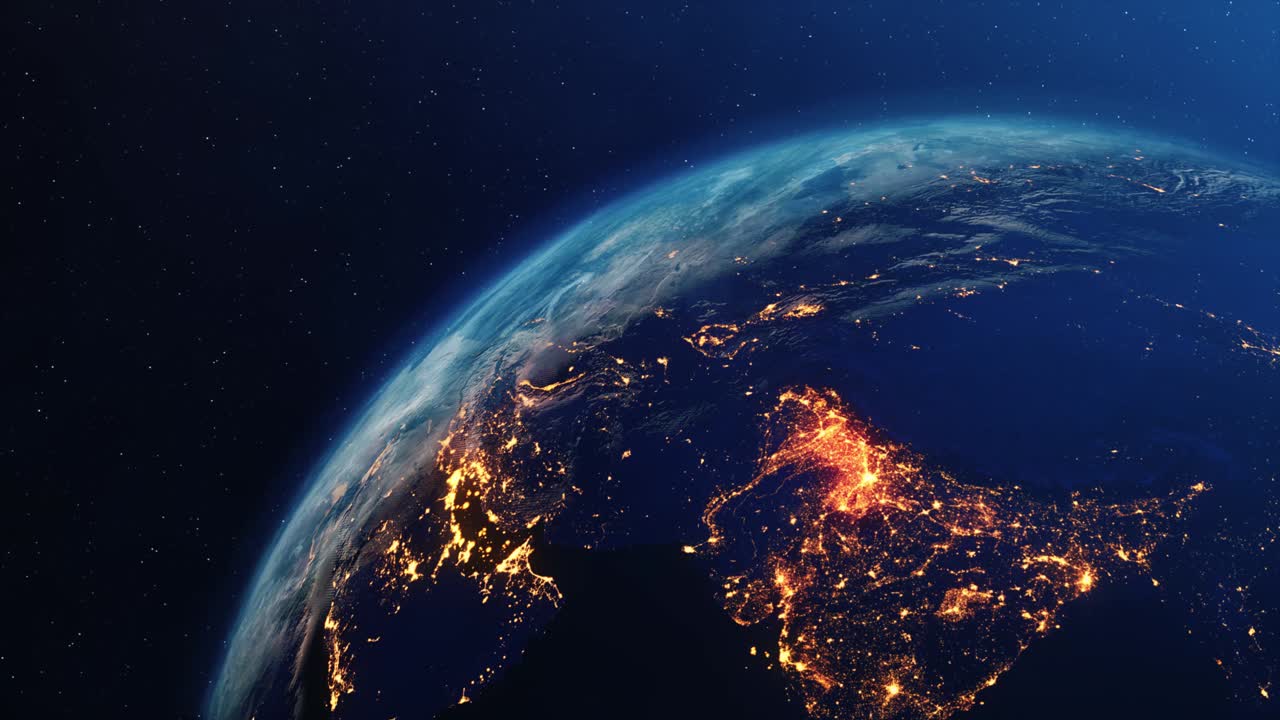 Earth rotating on axis in space with stars and cloud day and night rotation seamless loop animation
