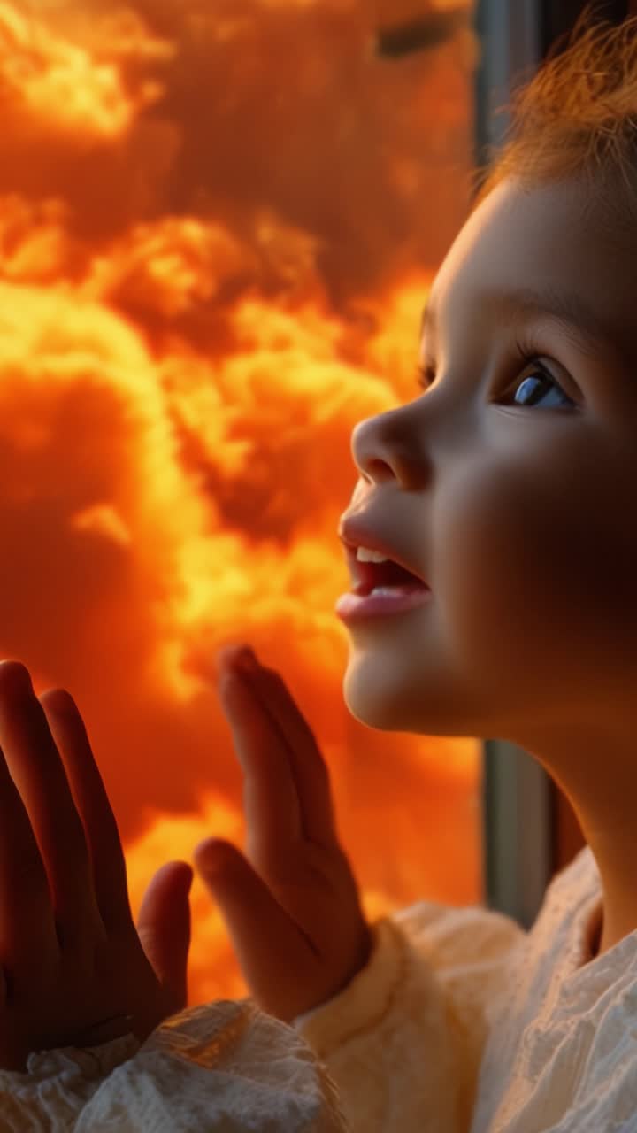 Lo stupore di una bambina: un momento incantevole di meraviglia mentre osserva il tramonto radioso attraverso una finestra, catturando l'essenza dell'innocenza e della curiosità.