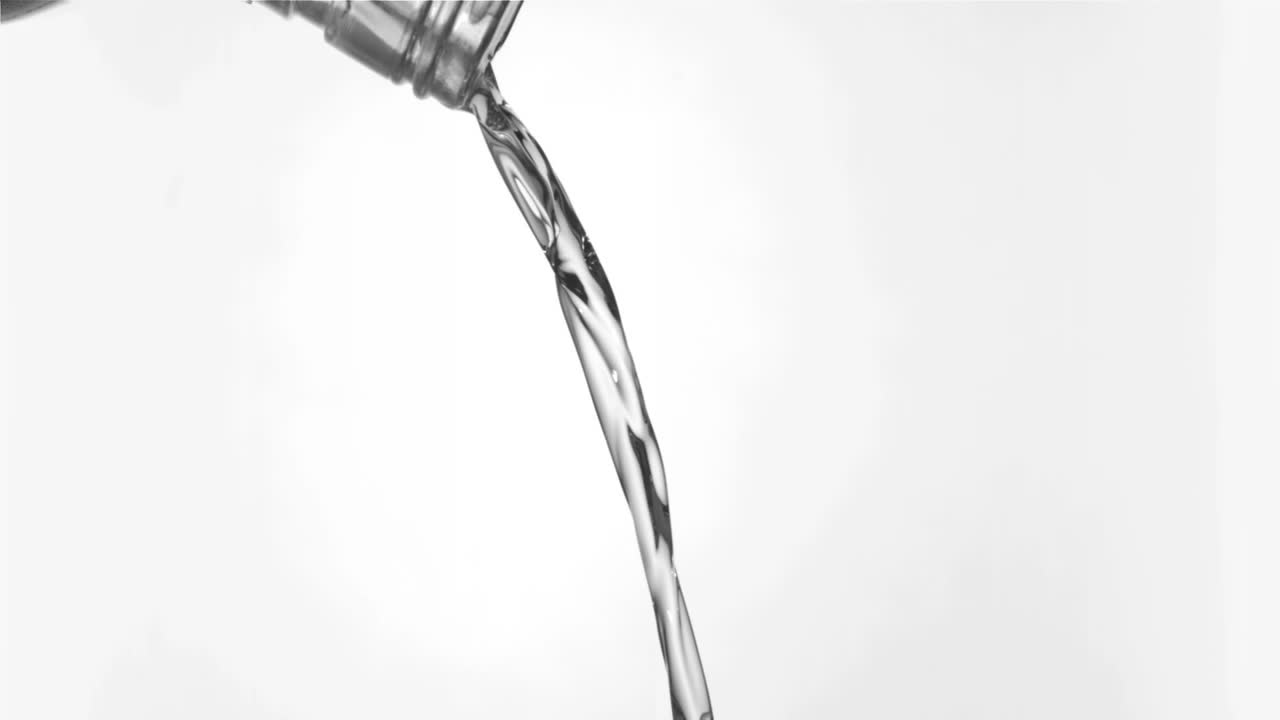 un pequeño chasquido de agua en un movimiento súper lento que fluye desde el cuello de la botella de vidrio