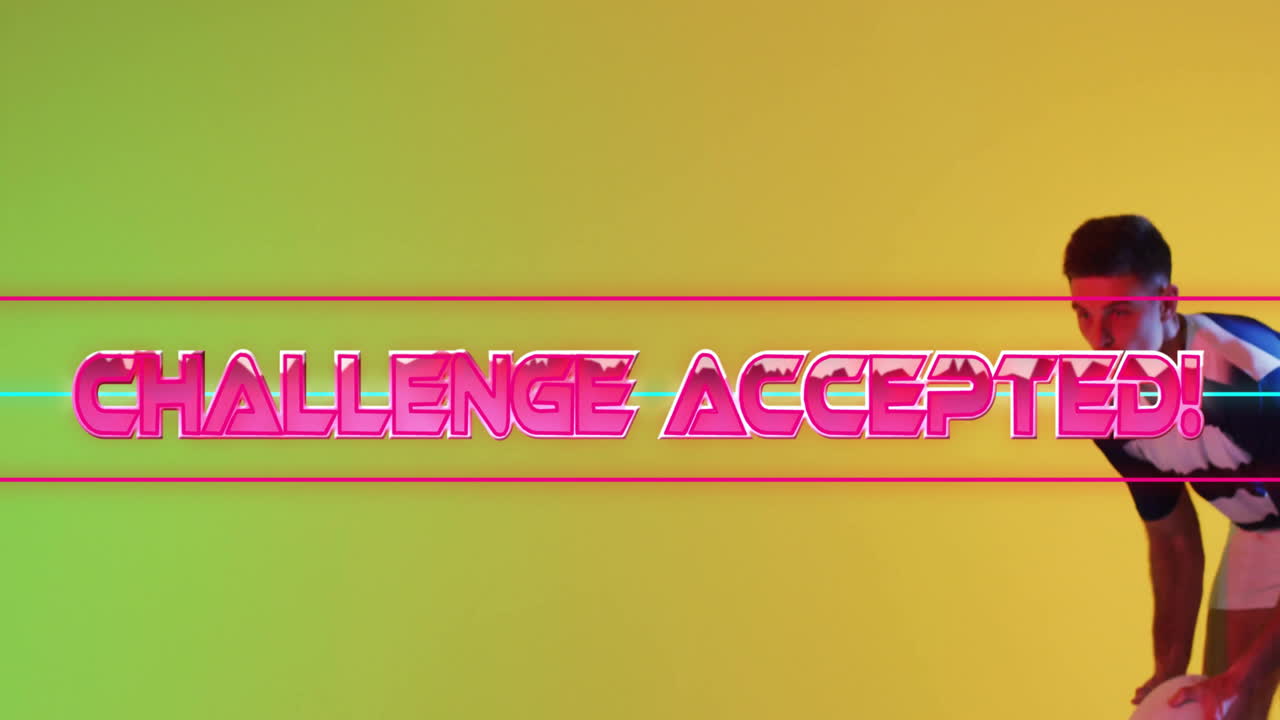 Animation of challenge accepted text with shapes over caucasian male rugby player jumping