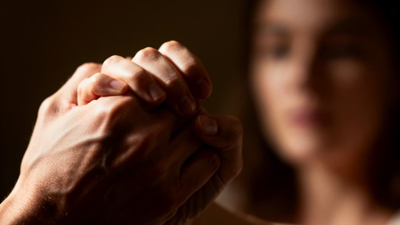 Mani giunte in primo piano ravvicinato che premono le dita, nocche tese a casa, donna sfocata che osserva